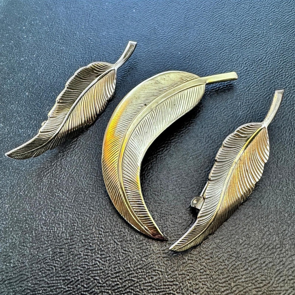 Vintage Gold Tone Feather Botanical Brooch Lot of 3 Nature Boho Pin Set